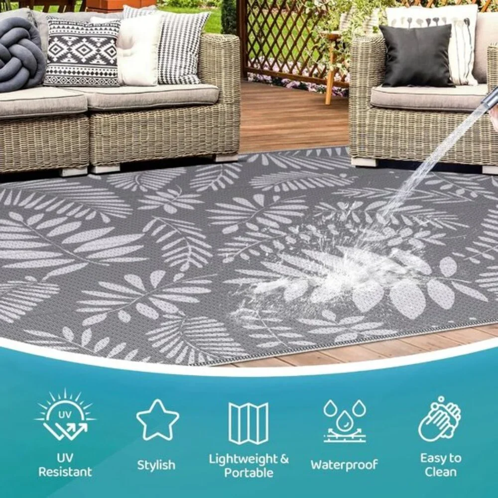 New 5x8 White & Gray Outdoor Rug, Waterproof Plastic Straw Mat for Patio & RV
